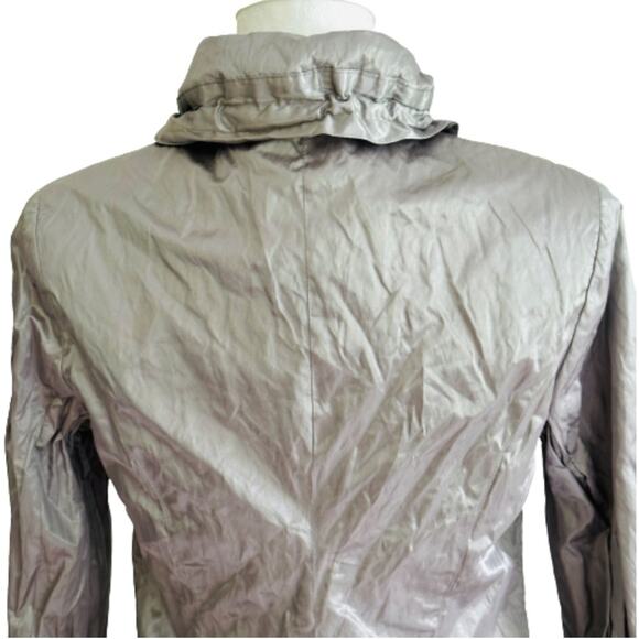 Chico’s Jacket Gray Green Metallic 3/4 Sleeve Ruffle Collar Rain Jacket Small - Picture 6 of 11